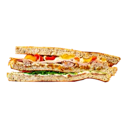 Club sandwich con pane rustico, salsiccia, bacon, porchetta, mozzarella e fontina fuse, peperoni, cipolla croccante e misticanza